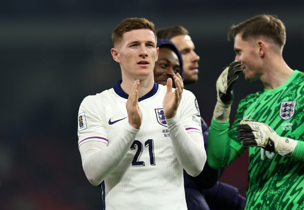Elliot Anderson applauds fans after England beat Albania.