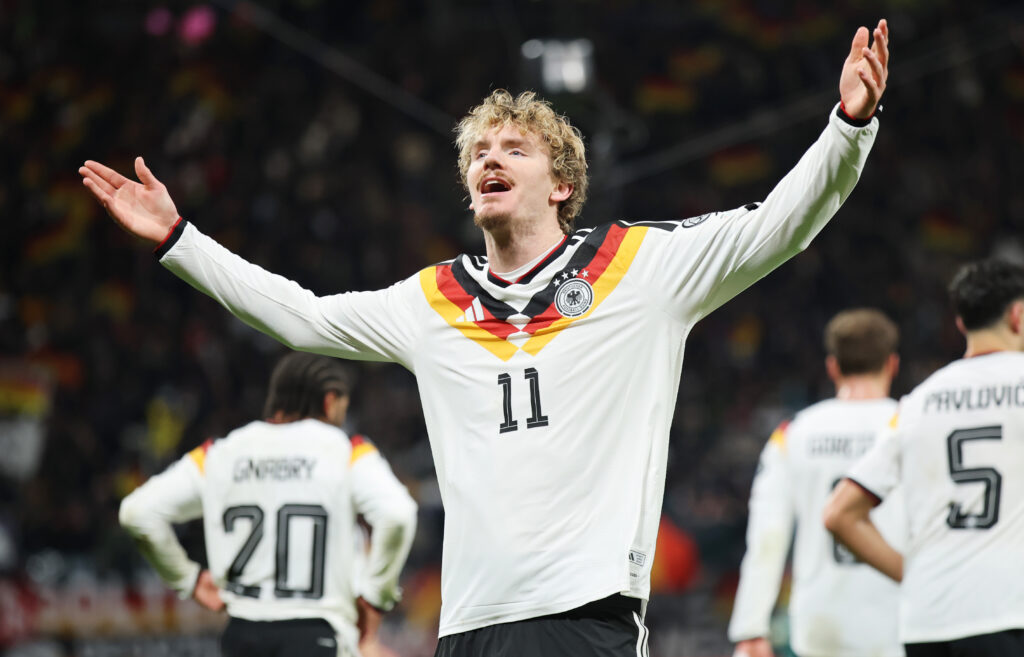 Nick Woltemade celebrates his goal for Germany against Slovakia.