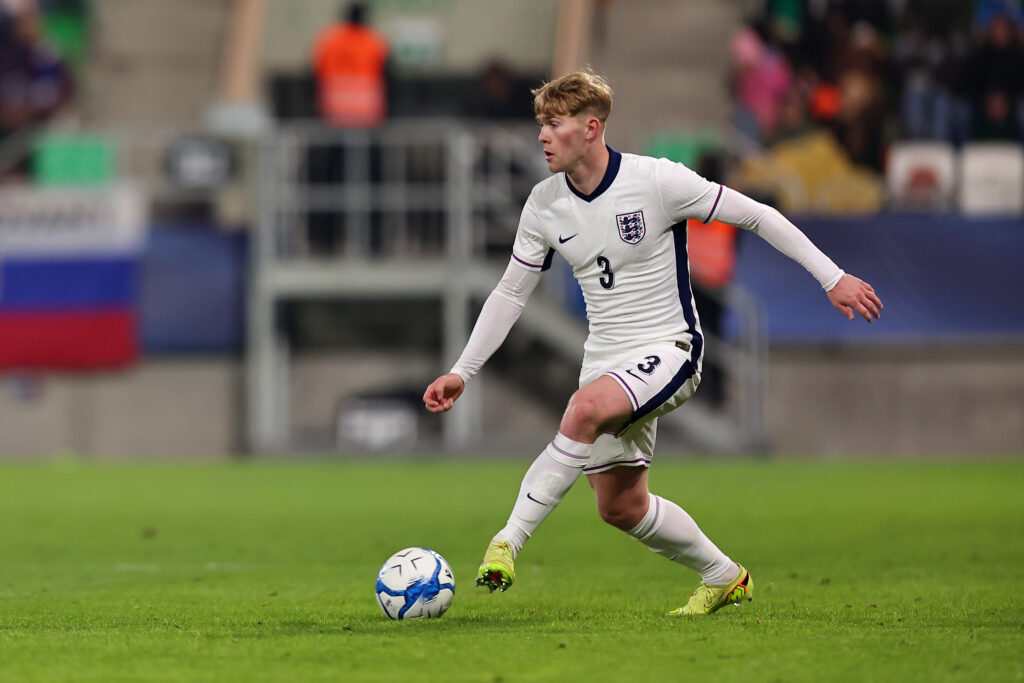Lewis Hall playing for England Under-21s.