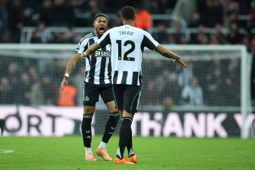 Malick Thiaw and Joelinton celebrate after Newcastle United beat Manchester City in the Premier League.