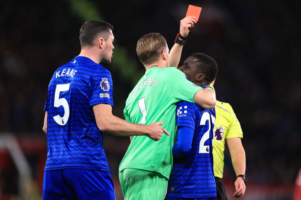 Idrissa Gana Gueye is sent off following an altercation with Everton teammate Michael Keane.