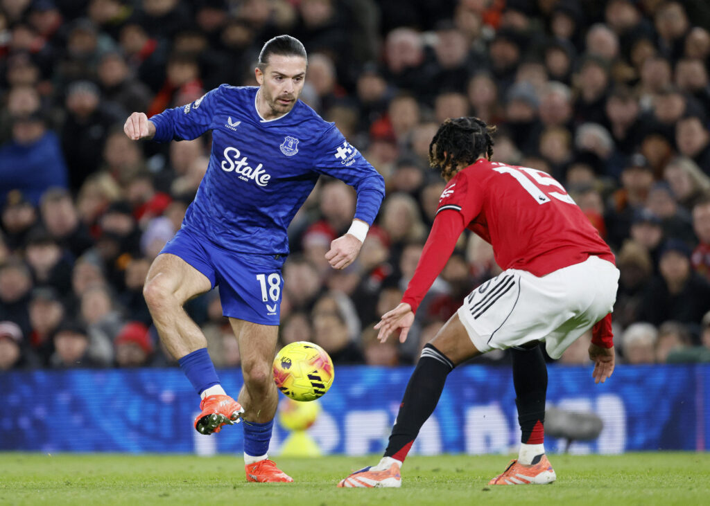 Jack Grealish in action for Everton against Manchester United.