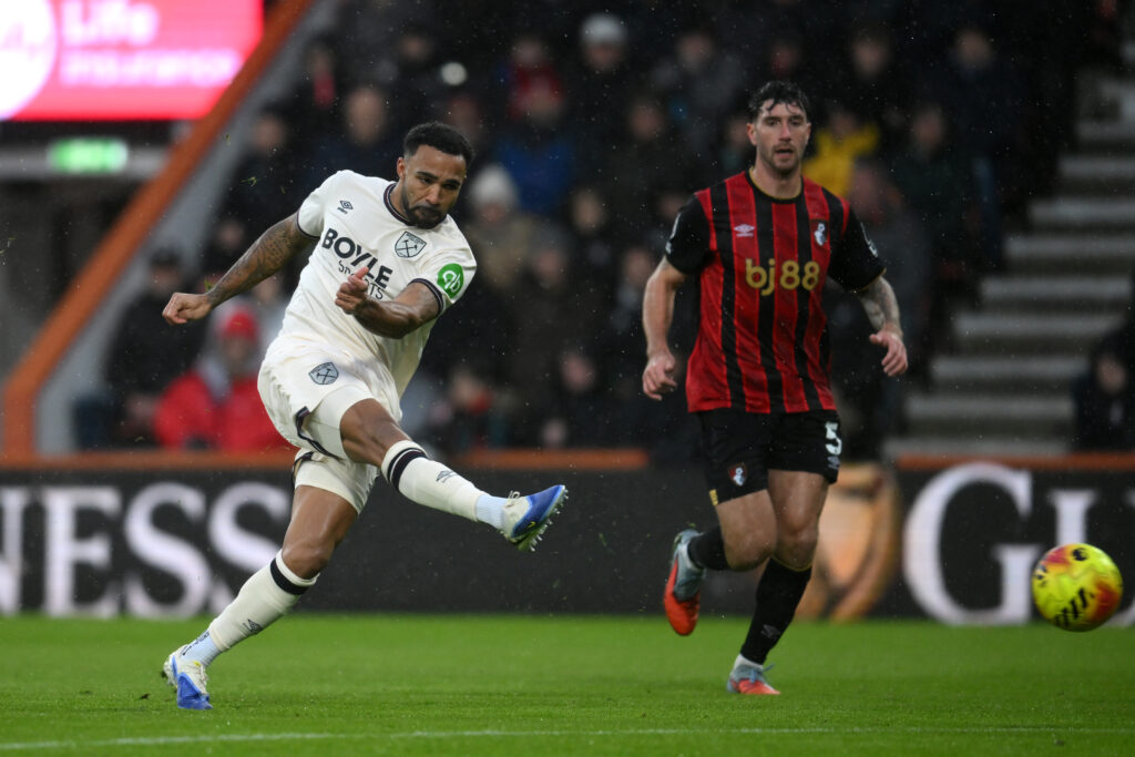 Callum Wilson scores West Ham's first goal against Bournemouth in the Premier League.