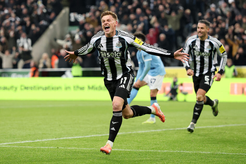 Harvey Barnes celebrates scoring Newcastle United's second goal against Manchester City.