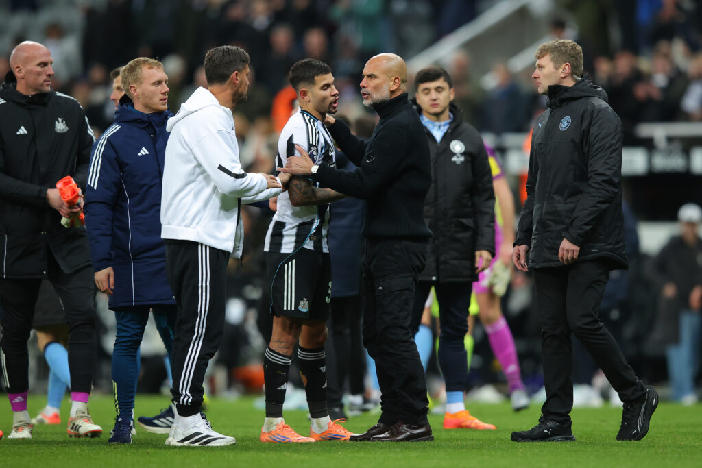 Bruno Guimaraes and Jason Tindall speak to Pep Guardiola after Newcastle United's win over Manchester City.