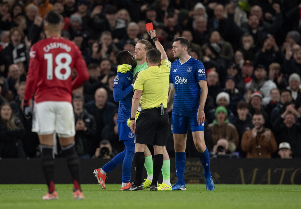 Idrissa Gueye is sent off during Manchester United v Everton.