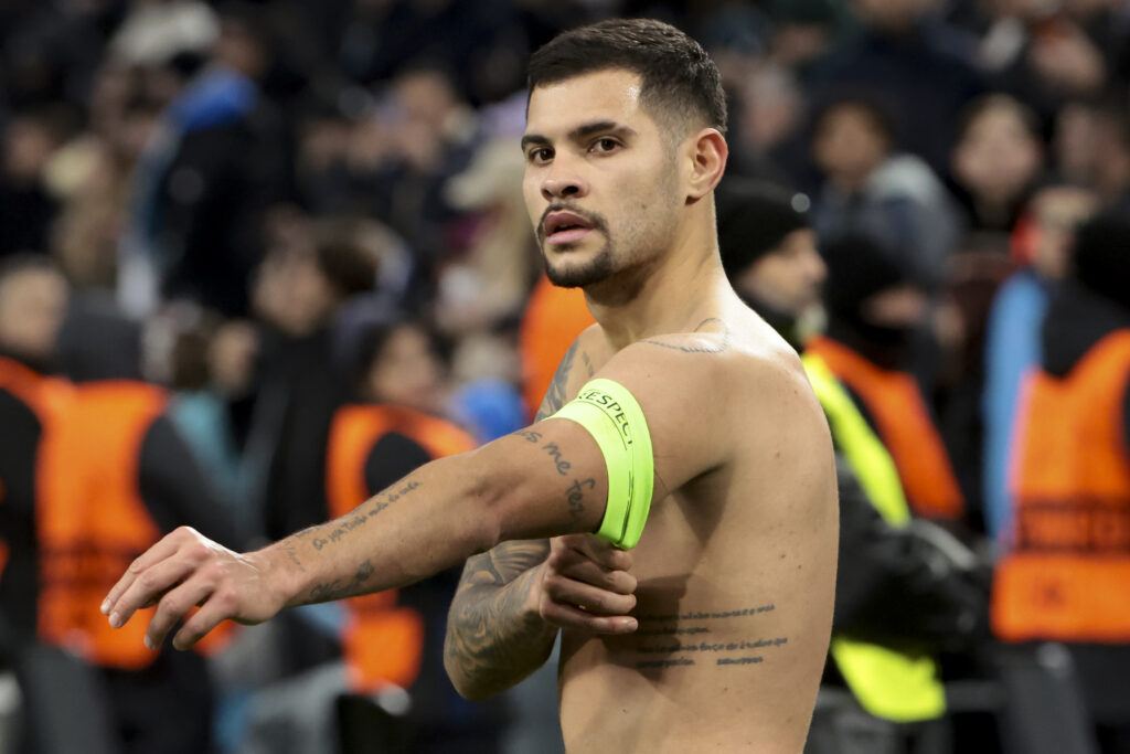 Bruno Guimaraes looks on after Newcastle United's loss to Marseille in the Champions League.