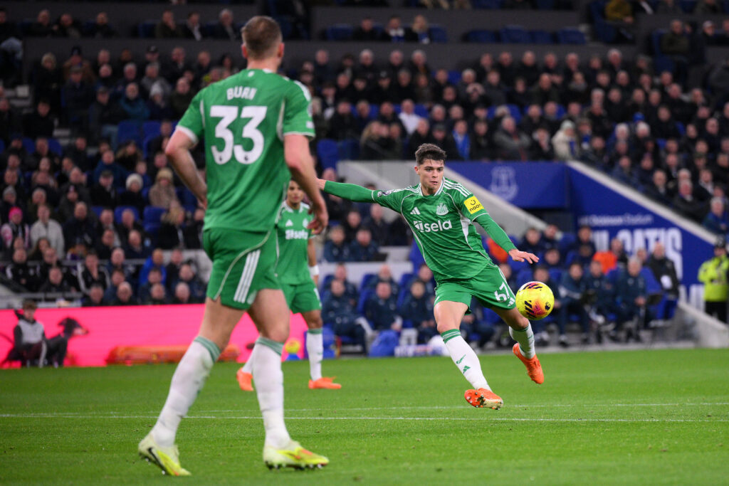 Lewis Miley scores Newcastle United's second goal against Everton in the Premier League.