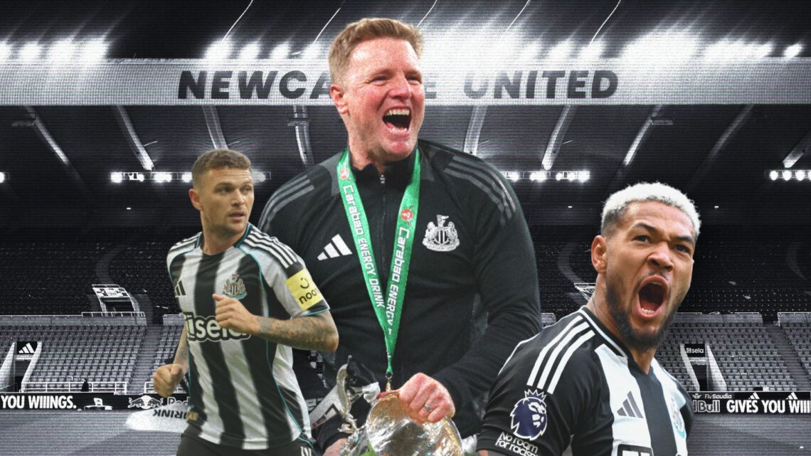 Collage of Eddie Howe, Kieran Trippier and Joelinton in front of St. James' Park.