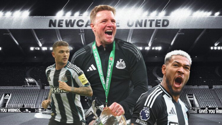 Collage of Eddie Howe, Kieran Trippier and Joelinton in front of St. James' Park.