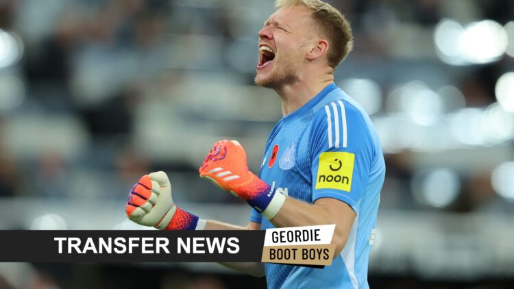 Newcastle United goalkeeper Aaron Ramsdale with transfer banner overlaid.