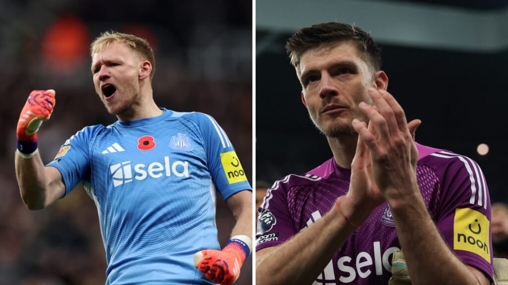 Aaron Ramsdale celebrates a Newcastle United goal, Nick Pope applauds Newcastle United fans.