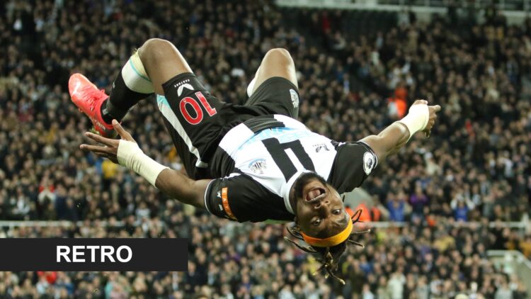 Allan Saint-Maximin celebrates scoring for Newcastle United against Brentford.