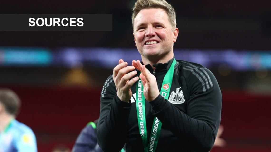 Eddie Howe claps towards fans after Newcastle United win the Carabao Cup final against Liverpool at Wembley.