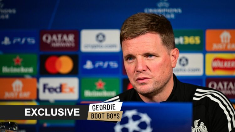Newcastle United manager Eddie Howe with exclusive branding overlaid.
