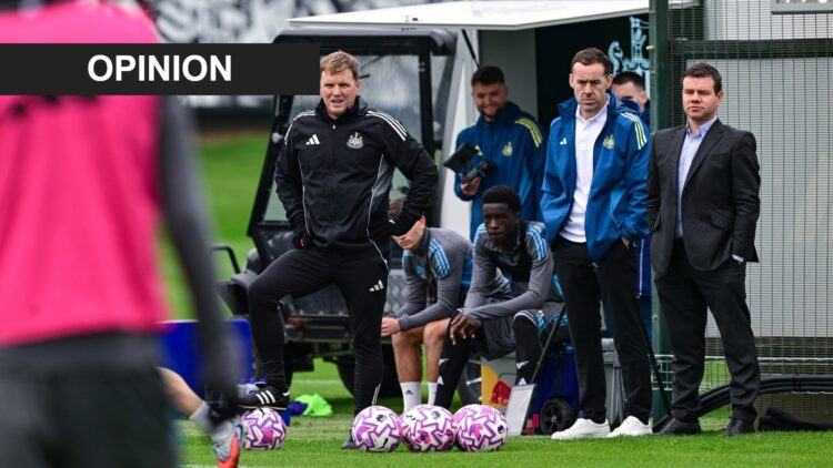 Eddie Howe and Ross Wilson are pictured watching a Newcastle United training session.