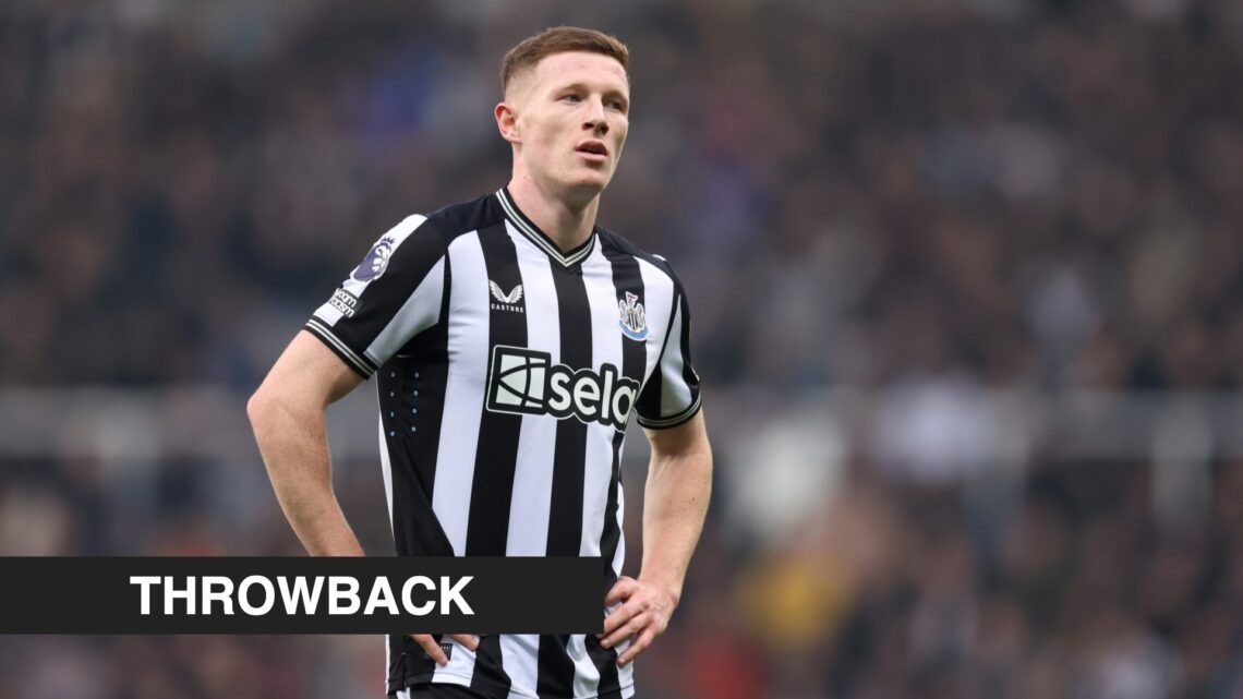 Elliot Anderson in action for Newcastle United. Inset, a black banner with 'throwback' in white text.