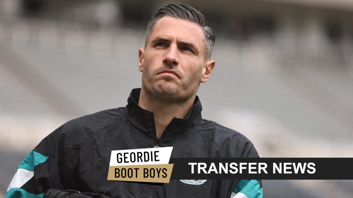 Newcastle United star Fabian Scar with transfer news banner overlaid.
