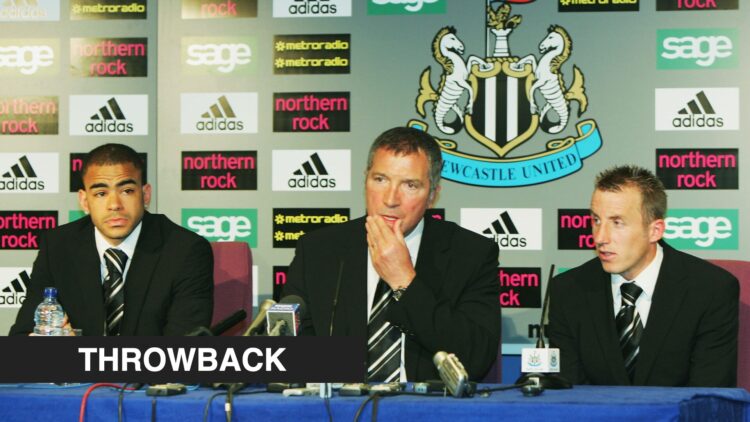 Kieron Dyer, Graeme Souness and Lee Bowyer in a Newcastle United press conference. Inset, a black banner with 'throwback' in white text.
