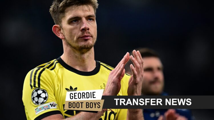 Newcastle United goalkeeper Nick Pope with transfer banner overlaid.