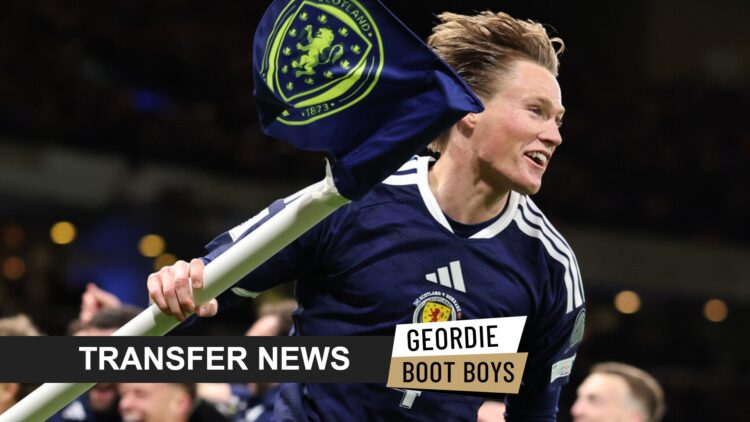 Scotland midfielder Scott McTominay with transfer news banner overlaid.