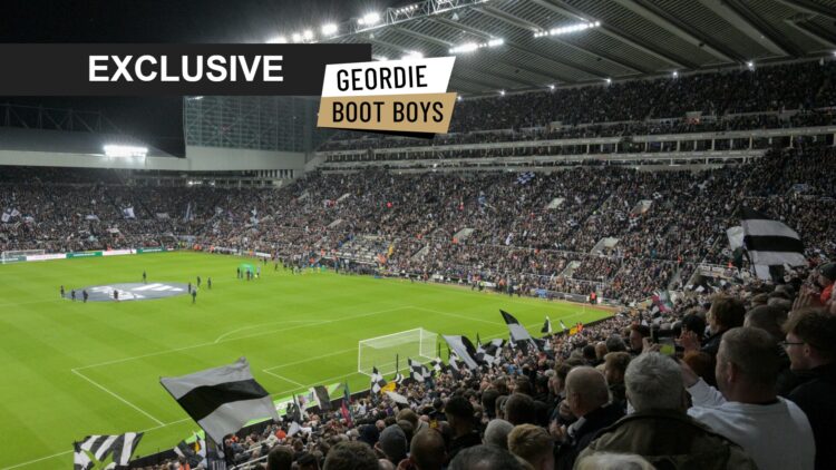View of Newcastle United stadium St. James' Park with exclusive banner overlaid.