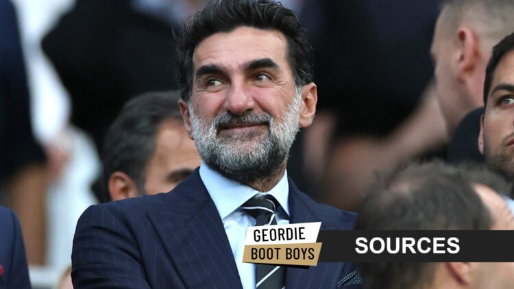 Newcastle United owner Yasir Al-Rumayyan with sources banner overlaid.