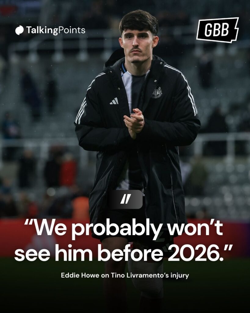 Tino Livramento wears strapping on his knee with Eddie Howe's quote on his injury attached.