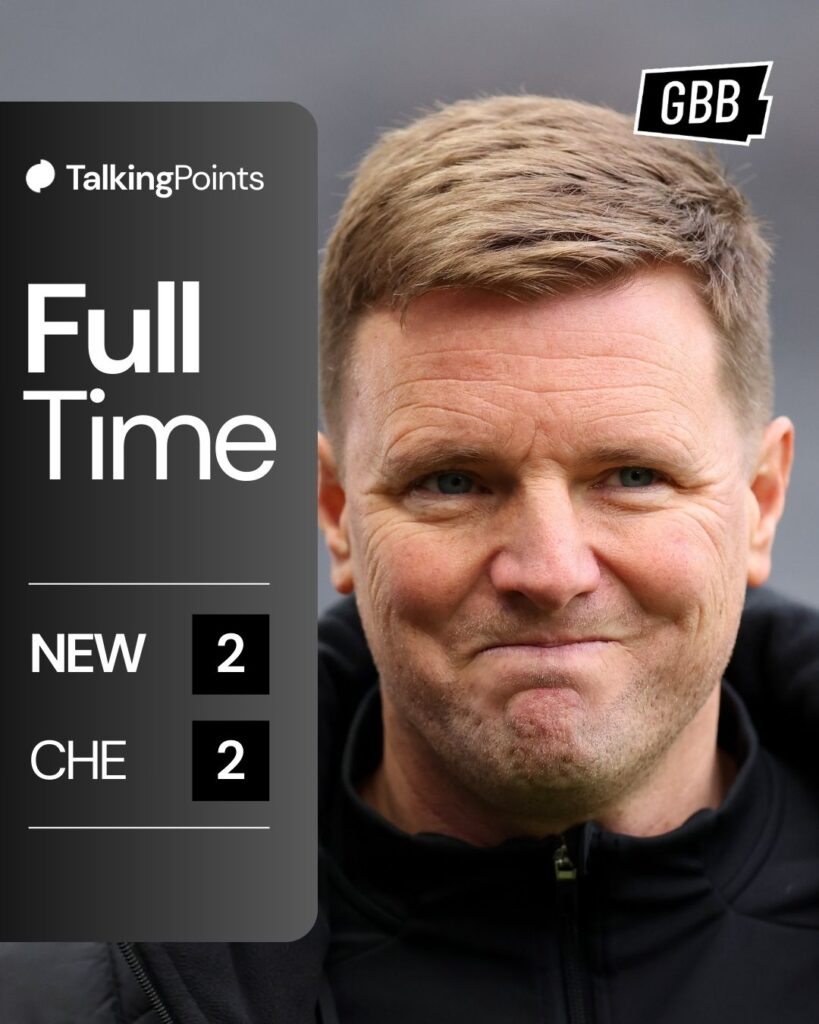 A graphic showing the full-time scoreline (2-2) between Newcastle United and Chelsea in the Premier League on 19/12/2025.