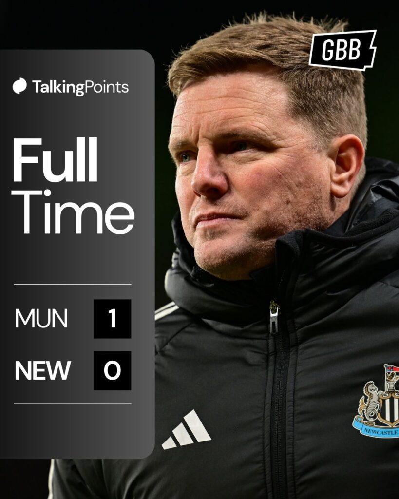 An infographic showing the full-time score (1-0) between Manchester United and Newcastle United on 26/12/2025.