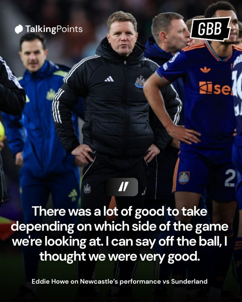 Eddie Howe reacts to Newcastle United's performance against Sunderland.