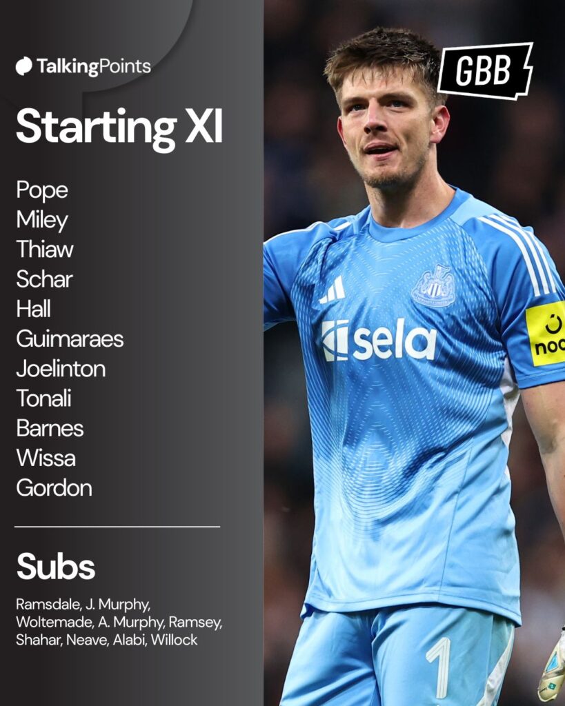 An infographic showing Newcastle United's confirmed starting XI vs Burnley on 30/12/2025.