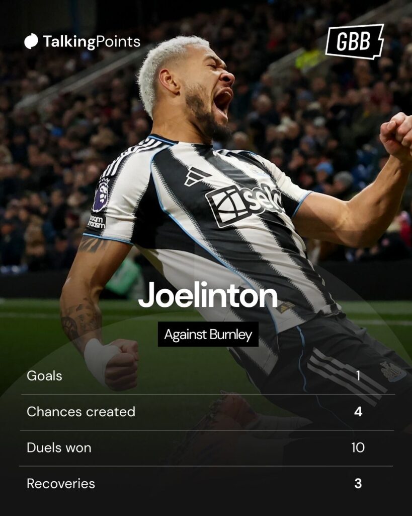 An infographic showing Joelinton's statistics for Newcastle United against Burnley in the Premier League on 30/12/2025.