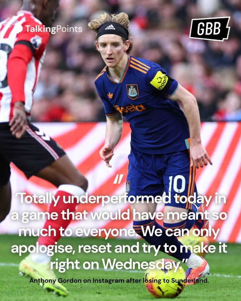 Anthony Gordon's message on Instagram after Newcastle United's loss to Sunderland.