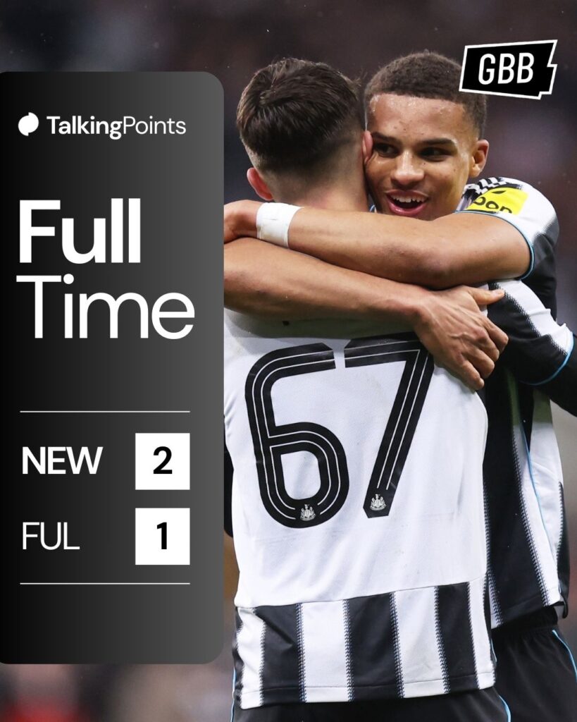 An infographic showing the full-time score of 2-1 after Newcastle United beat Fulham in the Carabao Cup quarter-final on 17/12/2025.