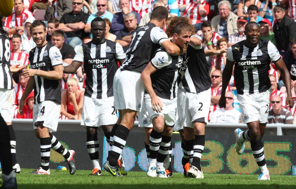 Ryan Taylor celebrates scoring a free-kick for Newcastle United against Sunderland.