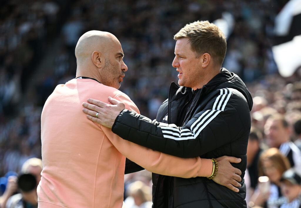 Enzo Maresca and Eddie Howe embrace before Newcastle United vs Chelsea.