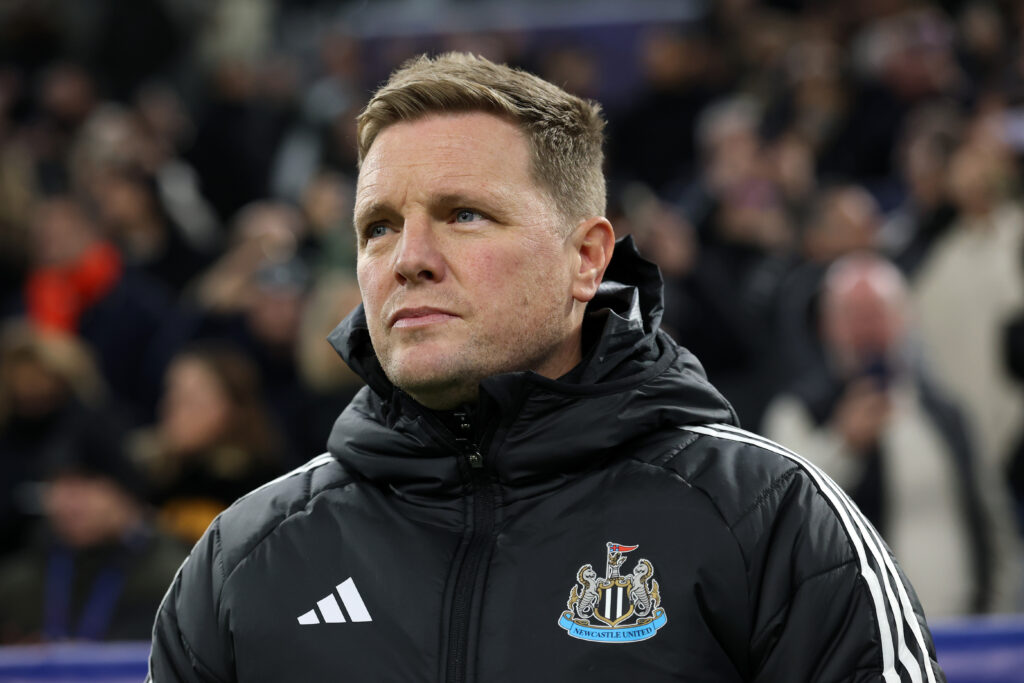 Eddie Howe looks on prior to Newcastle United's Champions League game against Marseille.