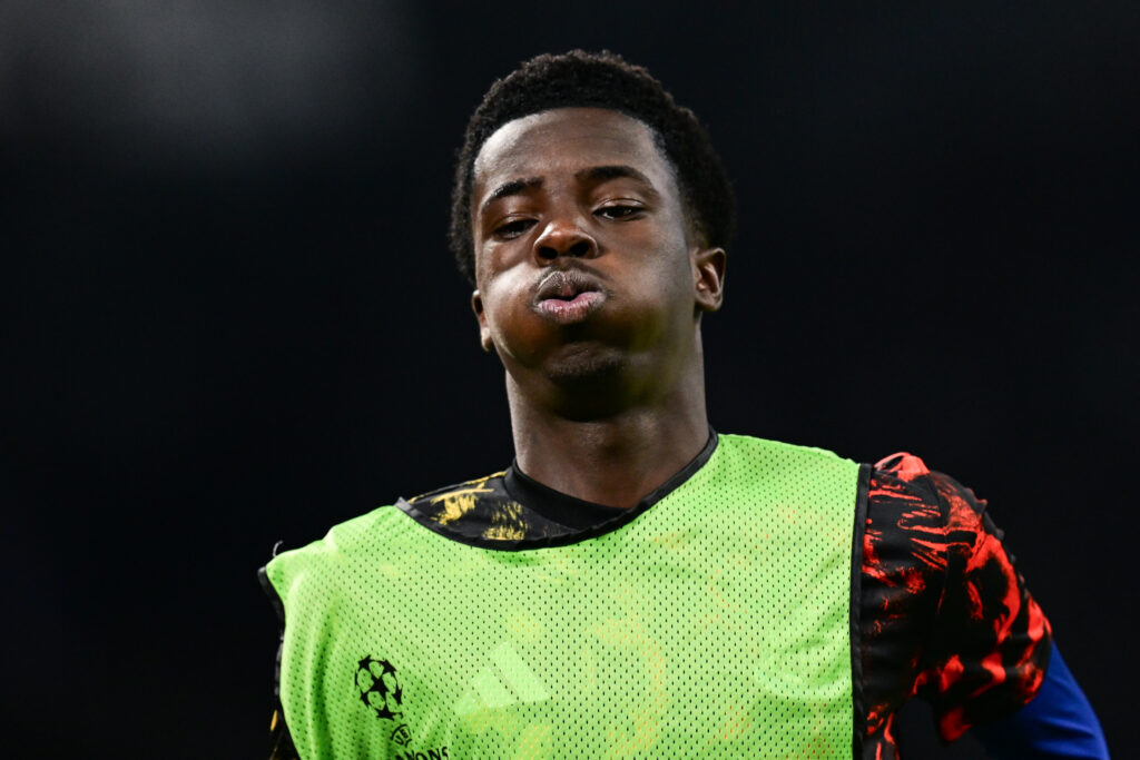 Sam Alabi warms up during the Champions League game between Newcastle United and Marseille.