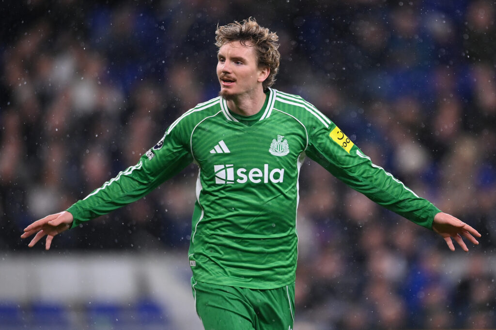 Nick Woltemade celebrates his goal for Newcastle United against Everton.