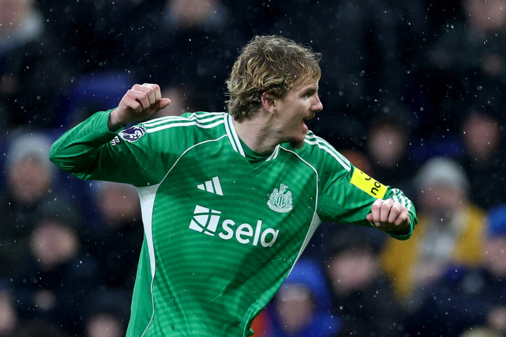 Nick Woltemade celebrates scoring in Newcastle United's win over Everton.