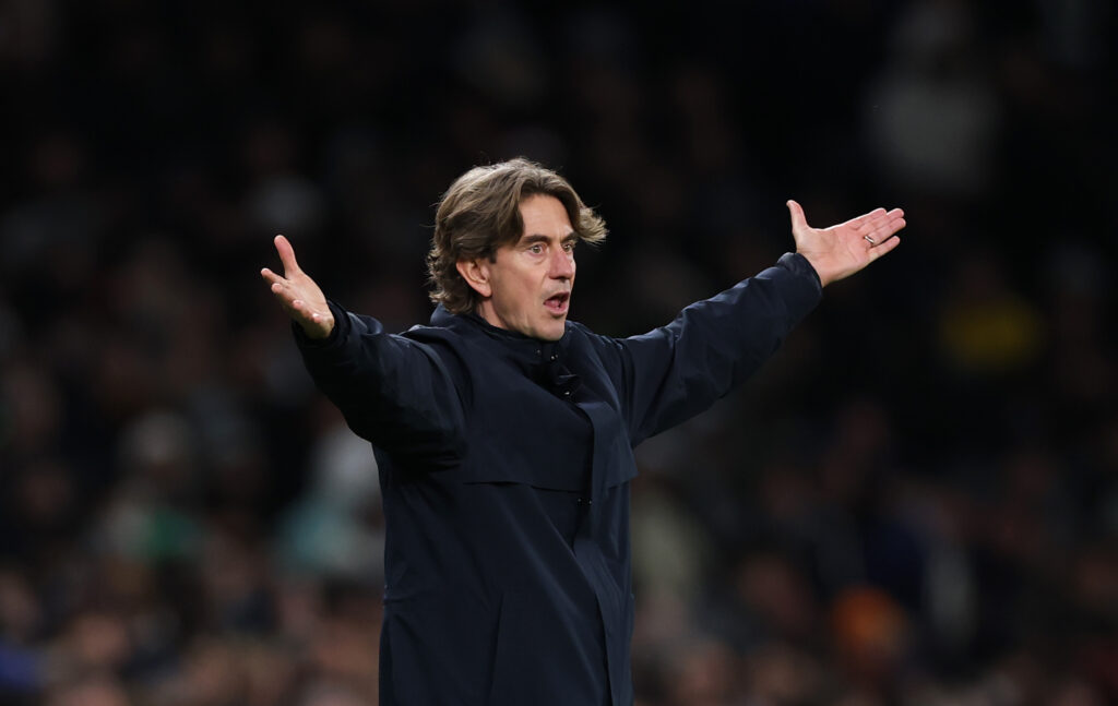 Thomas Frank reacts during Tottenham Hotspur vs Fulham.