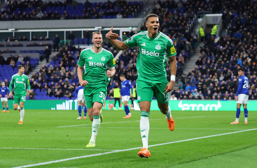 Malick Thiaw celebrates scoring his second goal for Newcastle United against Everton.
