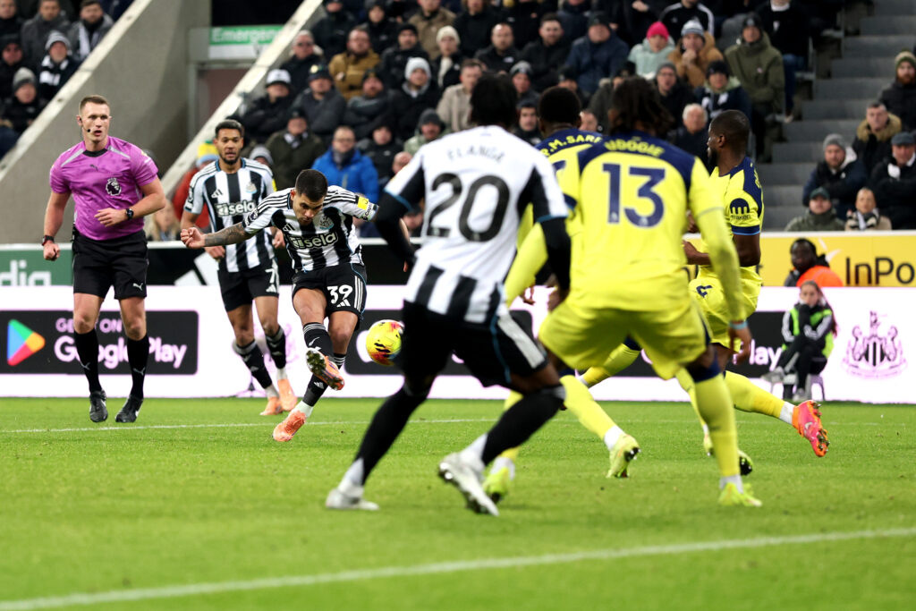 Bruno Guimaraes scores Newcastle United's first goal against Tottenham Hotspur.