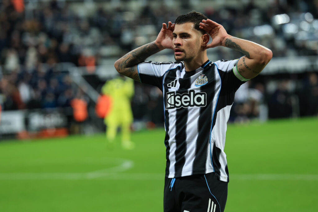 Bruno Guimaraes celebrates after scoring for Newcastle United against Tottenham.