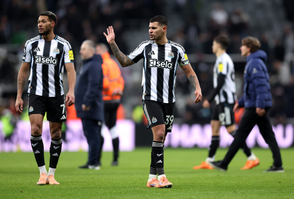 Bruno Guimaraes reacts at full-time after Newcastle United draw against Tottenham in the Premier League.