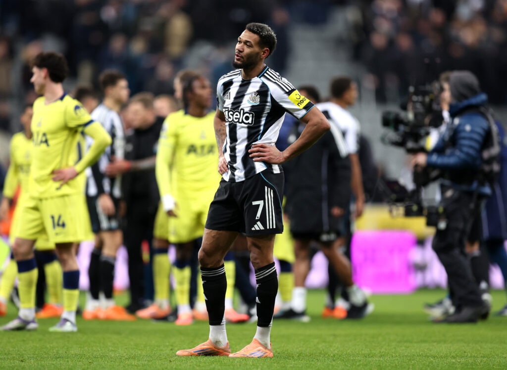 Joelinton looks on after Newcastle United draw with Spurs.