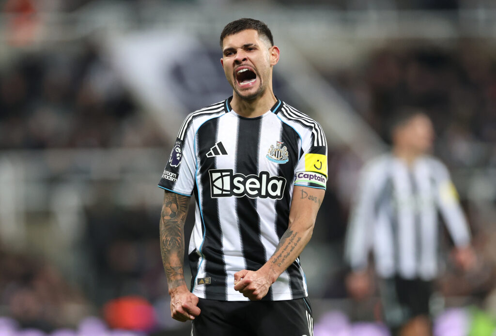 Bruno Guimaraes reacts with frustration during Newcastle United's Premier League game with Tottenham.