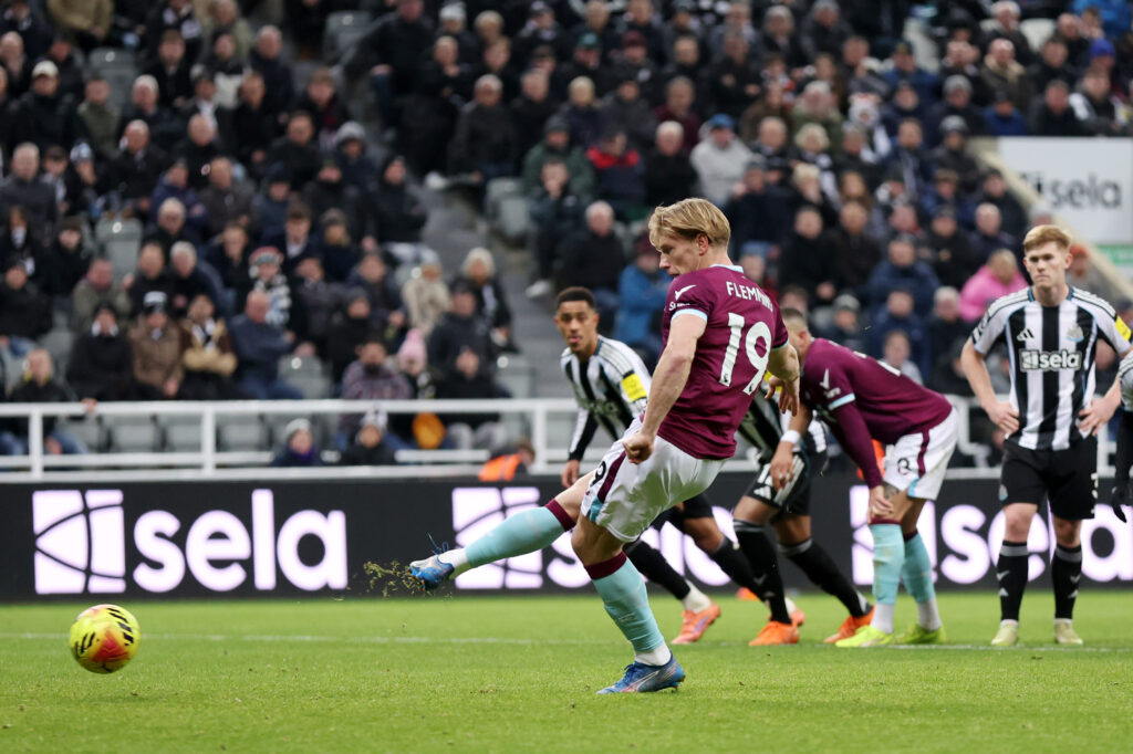 Zian Flemming scores a penalty for Burnley against Newcastle United.