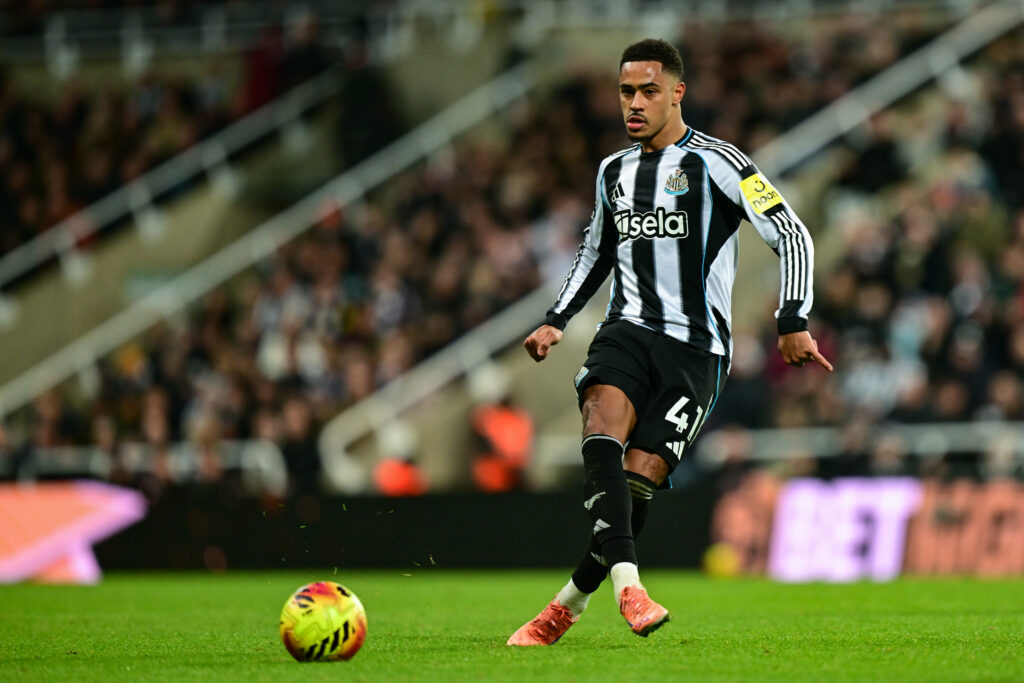 Jacob Ramsey passes the ball during Newcastle United's Premier League game against Burnley.